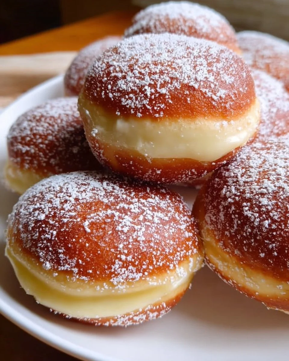 Delicious Bomboloni - Italian doughnuts filled with sweet cream and sugar.