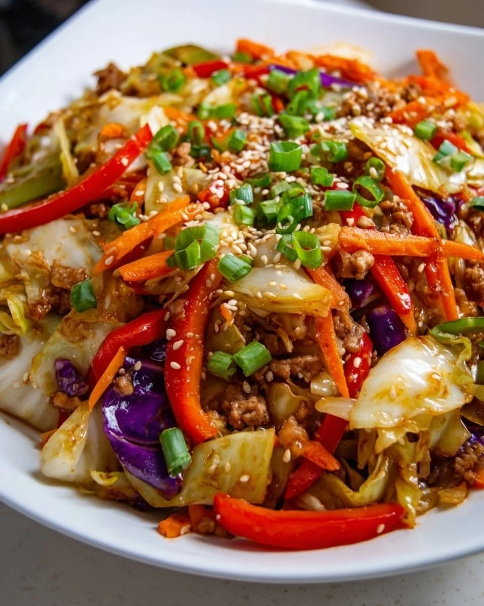 Colorful cabbage stir fry with vegetables in a skillet, garnished with sesame seeds.