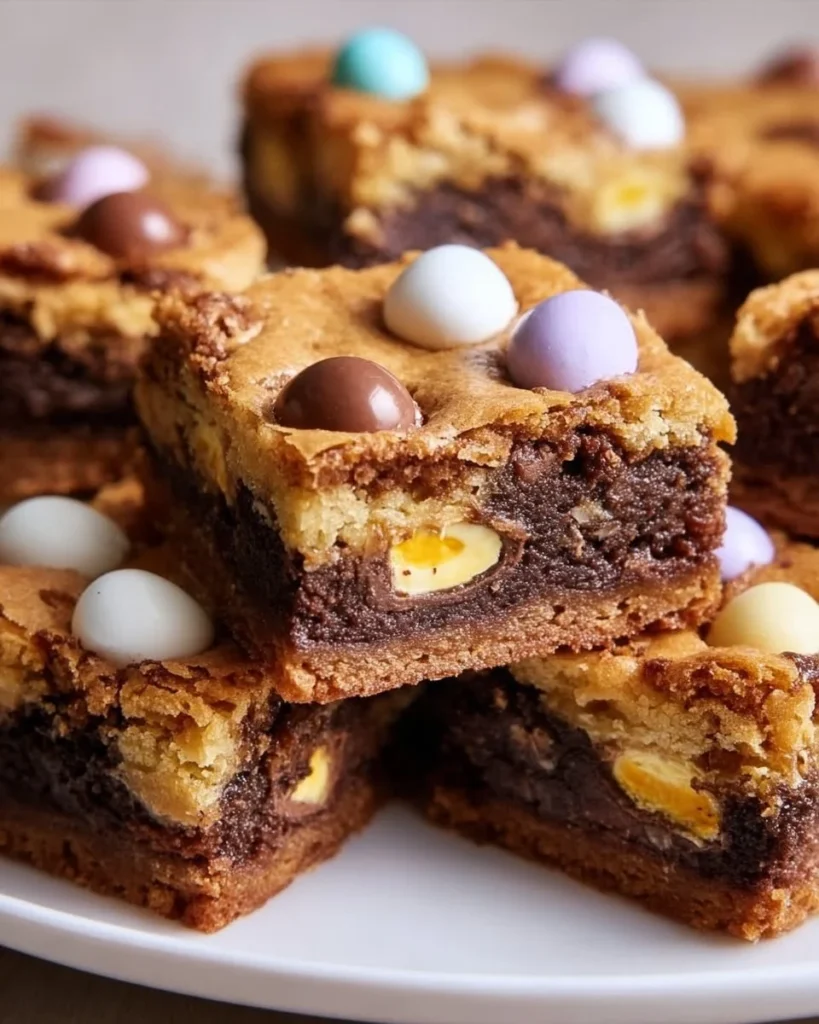Delicious Cadbury Egg Cookie Bars topped with chocolate and creamy frosting