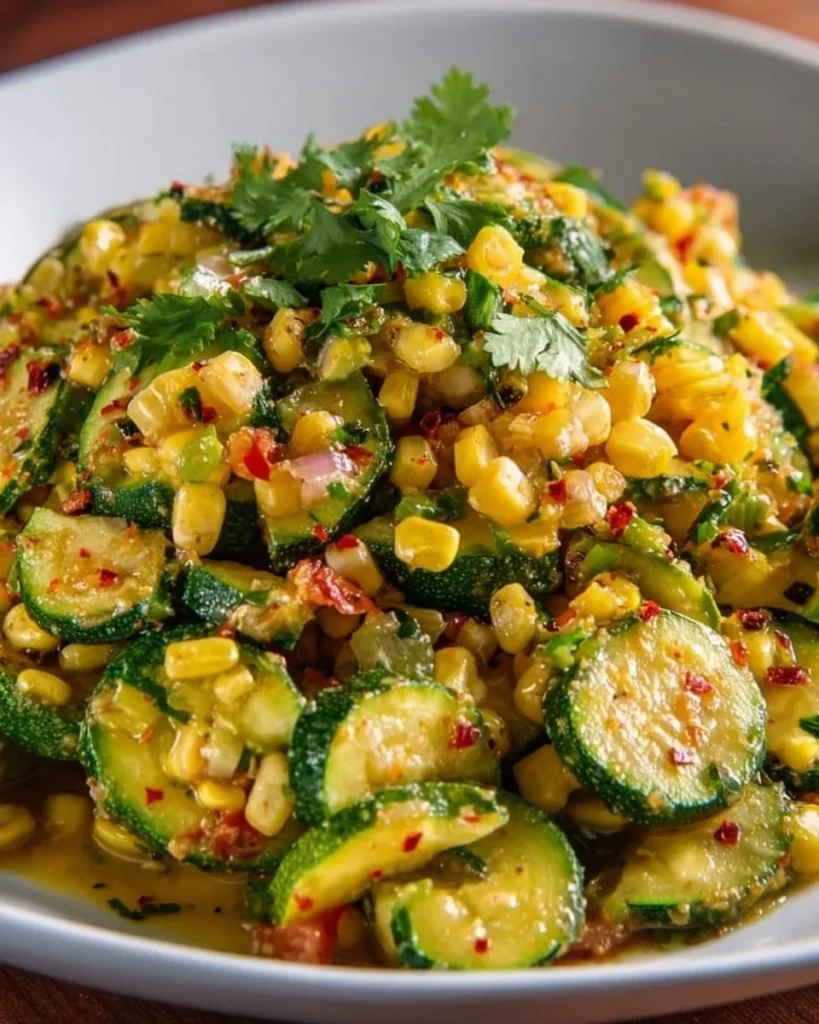 A vibrant dish of Calabacitas featuring zucchini and corn, a staple in Mexican cuisine.