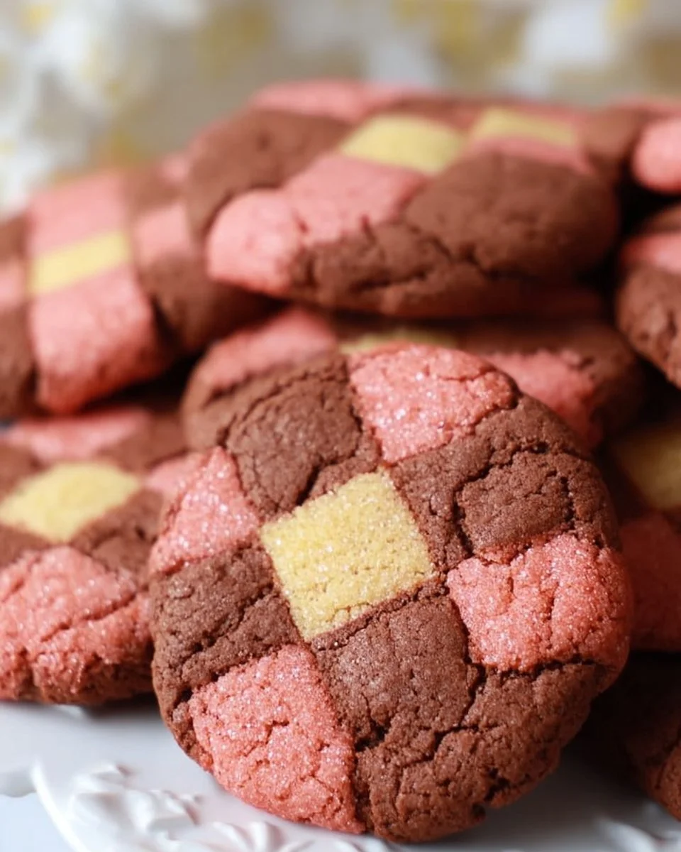 A plate of beautifully arranged checkered cookies with a perfect pattern.