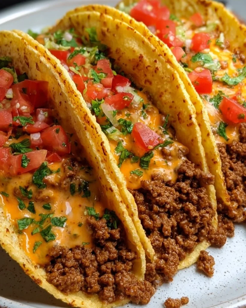 Cheesy Rotel beef soft tortilla tacos served on a plate