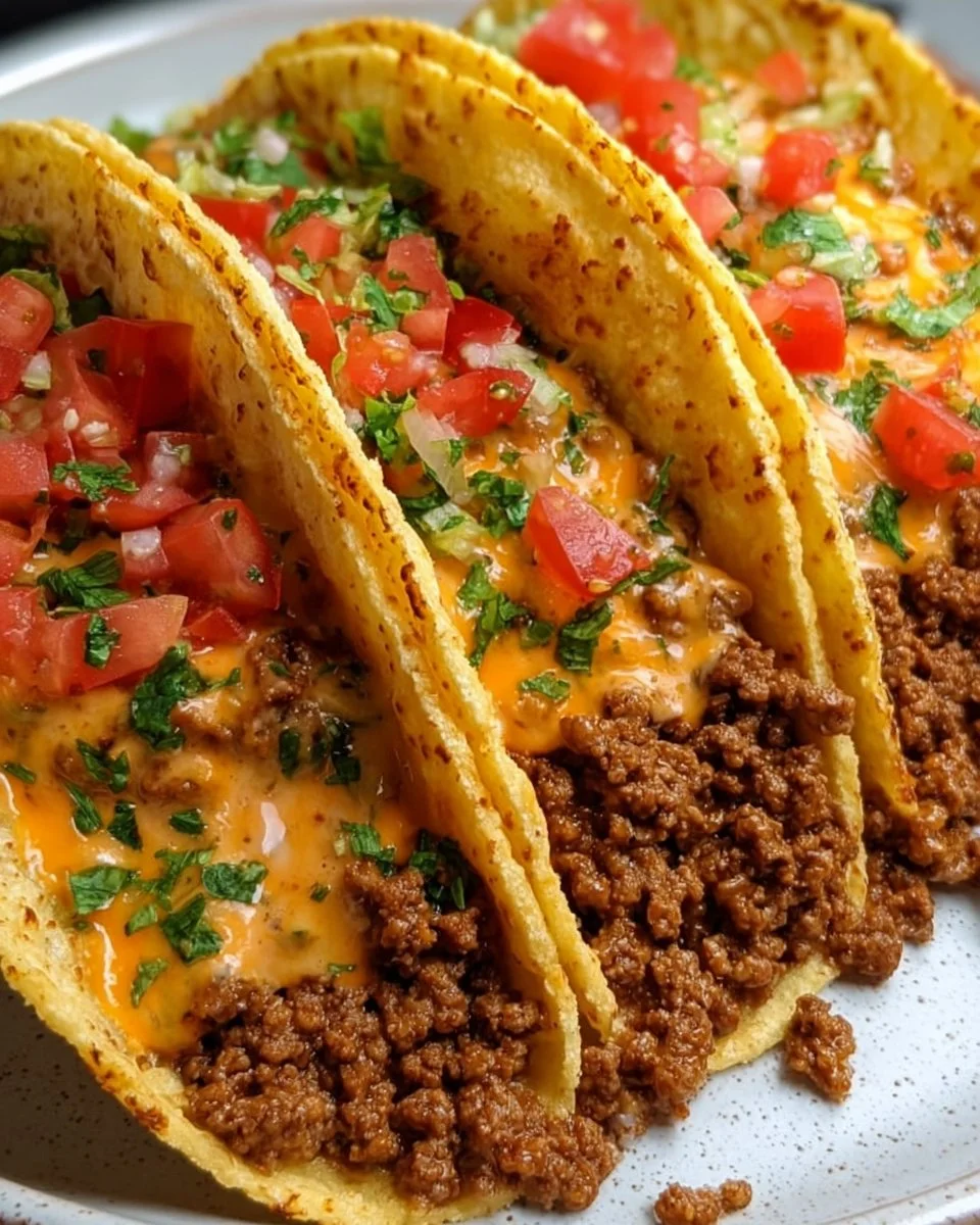 Cheesy Rotel beef soft tortilla tacos served on a plate