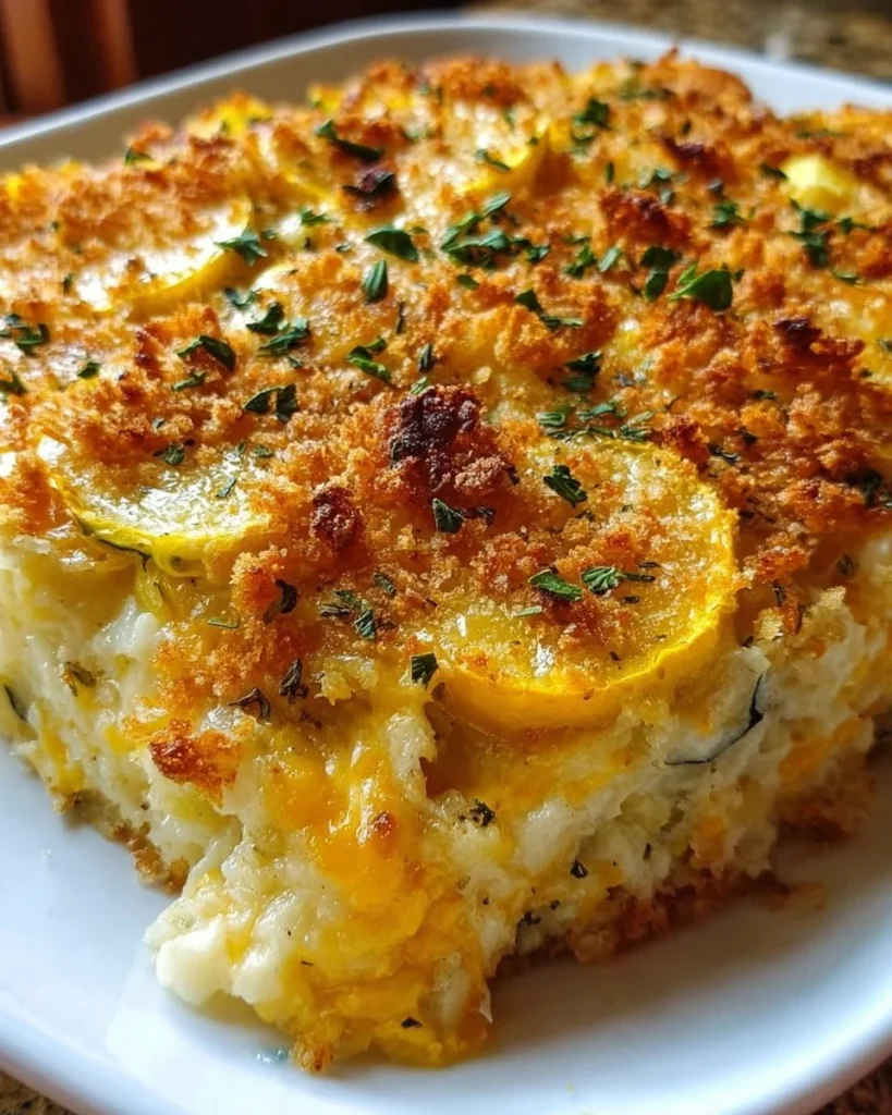 Delicious Cheesy Southern Squash Casserole topped with golden cheese