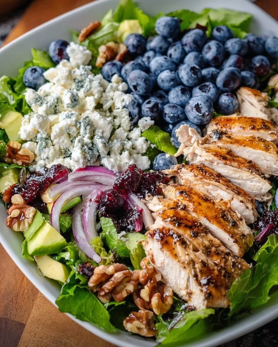 A vibrant Chicken Blueberry Feta Salad with fresh ingredients and a colorful presentation