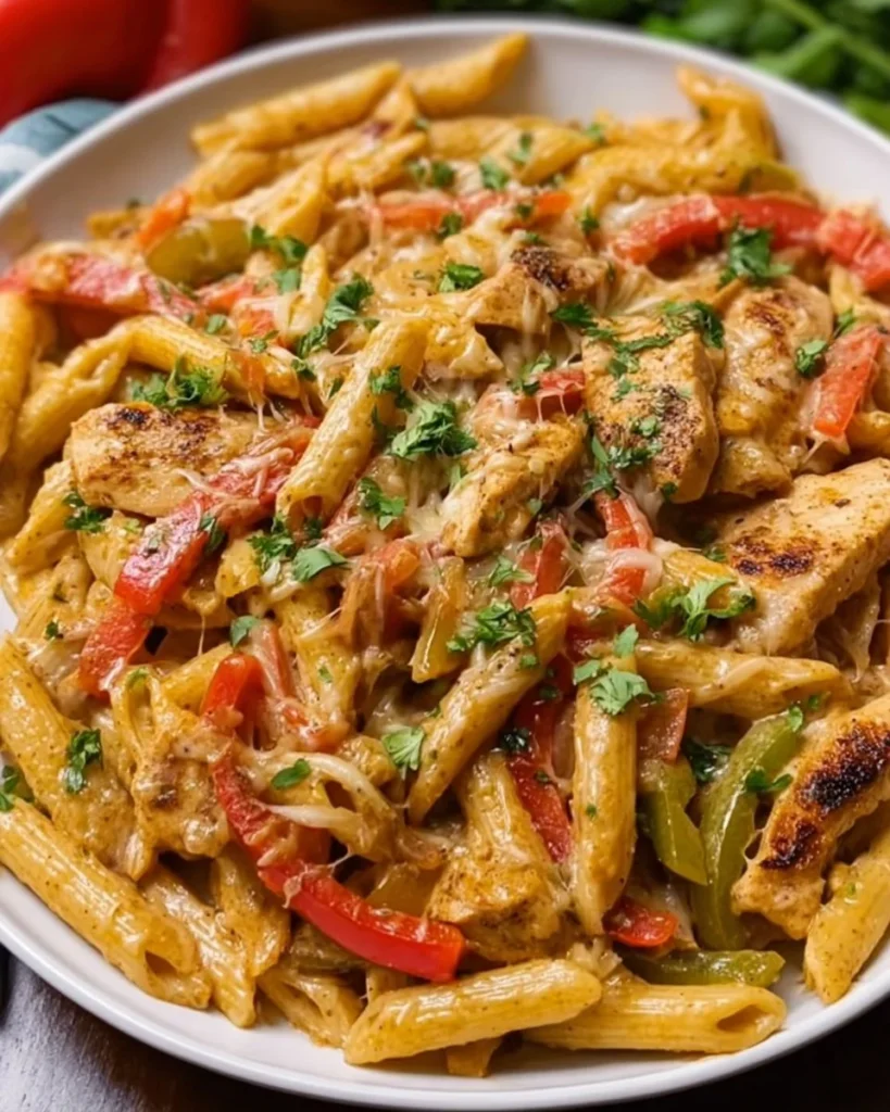 Plate of Chicken Fajita Pasta with bell peppers and spices
