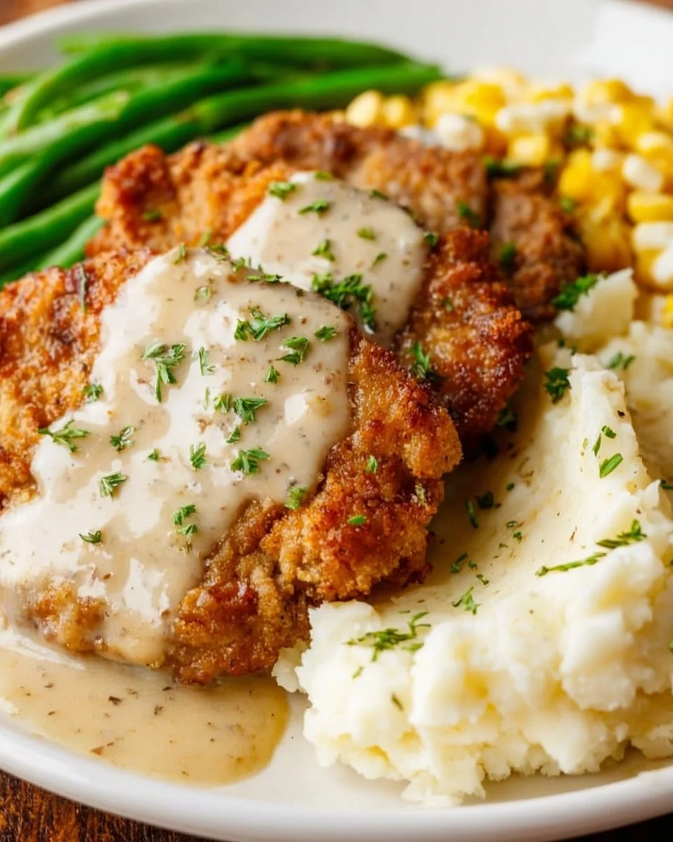Delicious chicken fried steak topped with creamy country gravy on a plate