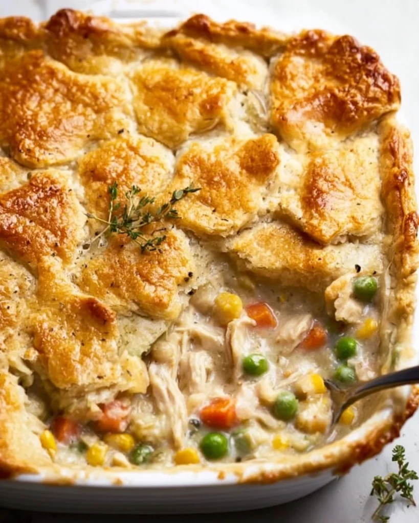 Delicious Chicken Pot Pie Casserole served in a baking dish, topped with golden crust.