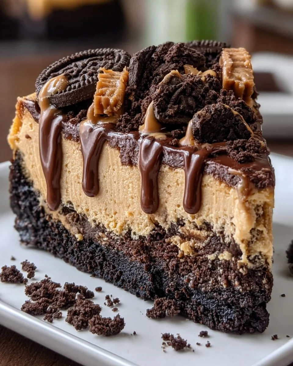 Delicious slice of Chocolate Peanut Butter Cheesecake topped with chocolate shavings