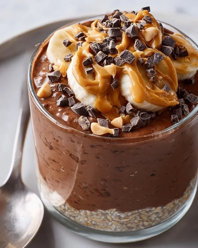 Delicious Chocolate Peanut Butter Overnight Oats topped with fresh fruit