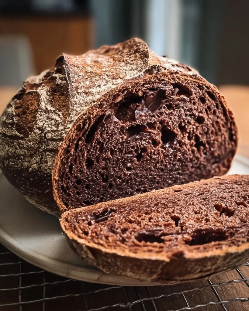 Loaf of chocolate sourdough bread with a crispy crust and rich chocolate swirls.