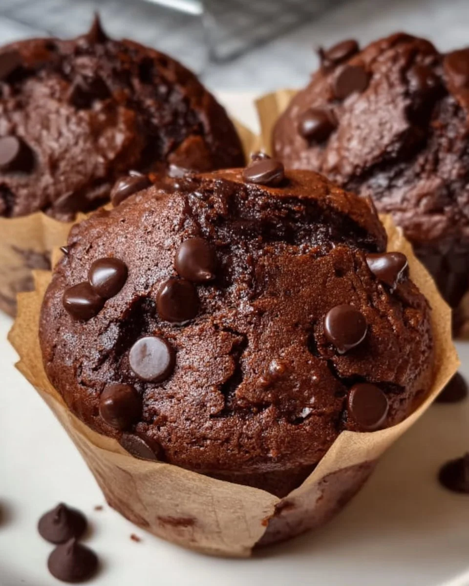 Freshly baked chocolate sourdough muffins cooling on a rack