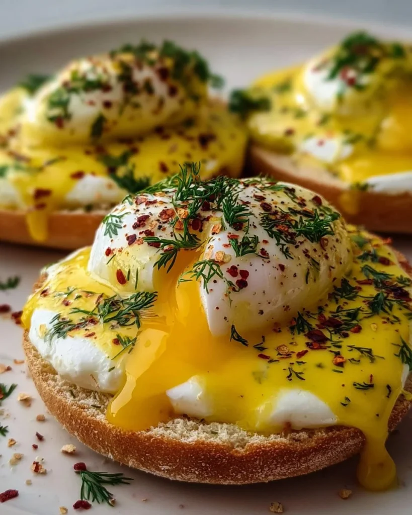 Delicious Çılbır Eggs Benedict dish with poached eggs and yogurt sauce.