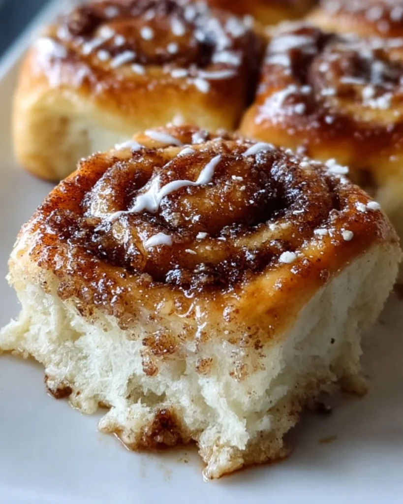 Freshly baked cinnamon roll focaccia with icing and cinnamon swirls