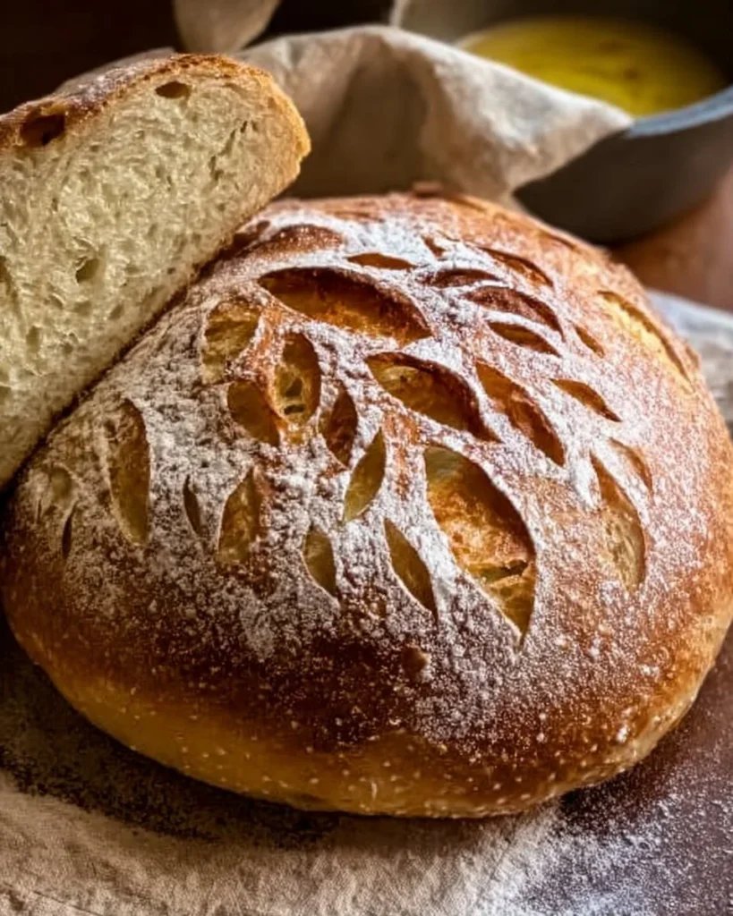 Classic artisan sourdough bread with olive oil and honey on a wooden cutting board