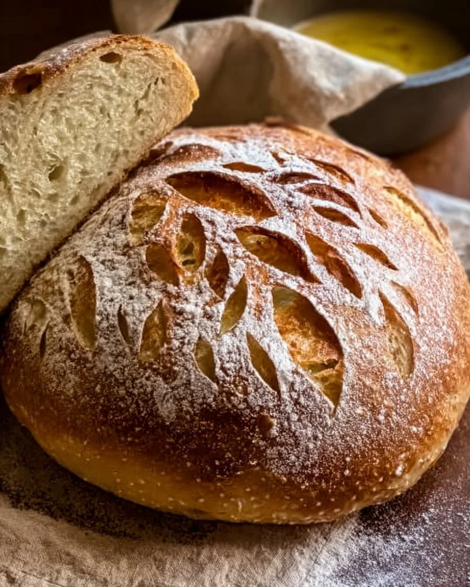 Classic artisan sourdough bread with olive oil and honey on a wooden cutting board