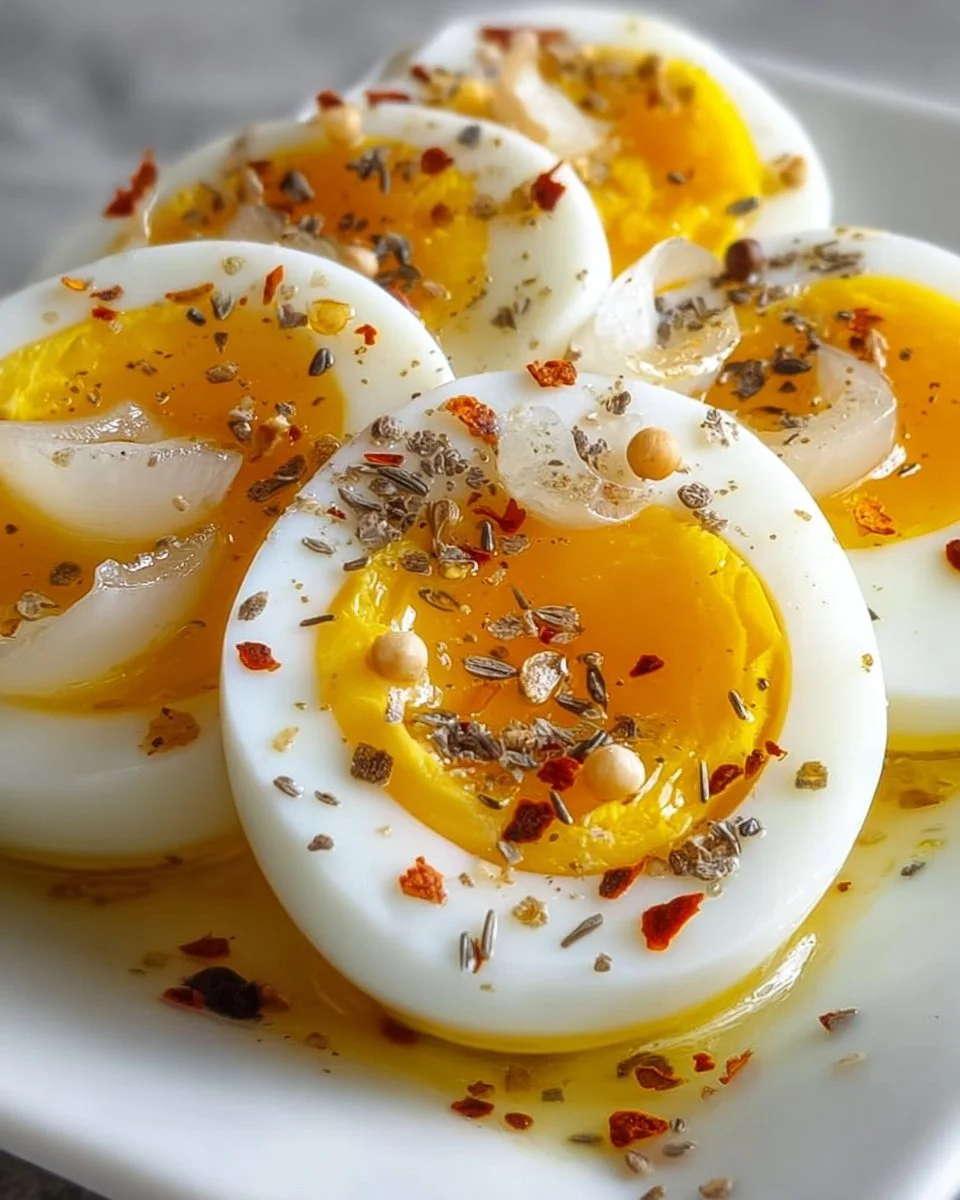 Plate of classic pickled eggs garnished with herbs.
