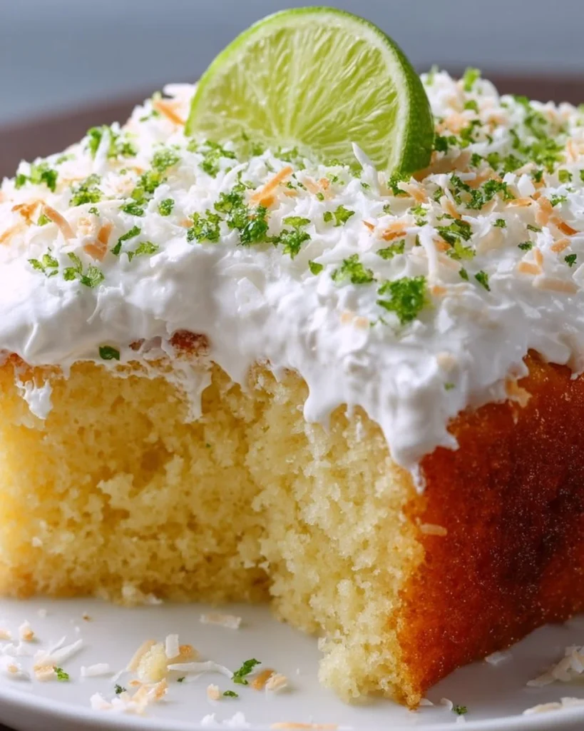 Delicious Coconut Lime Poke Cake topped with lime zest and coconut flakes