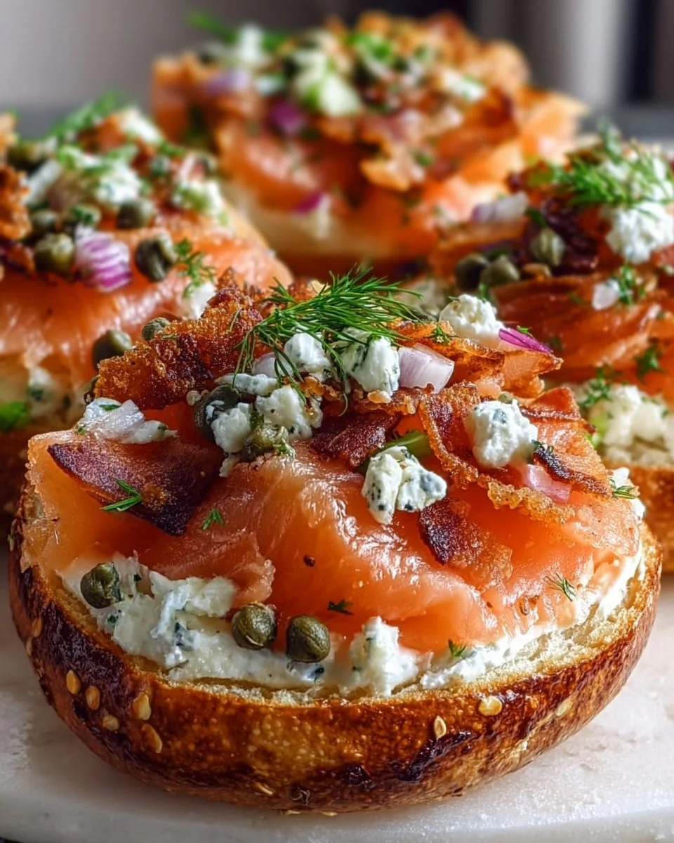 Cottage cheese bagels topped with smoked salmon and herbs