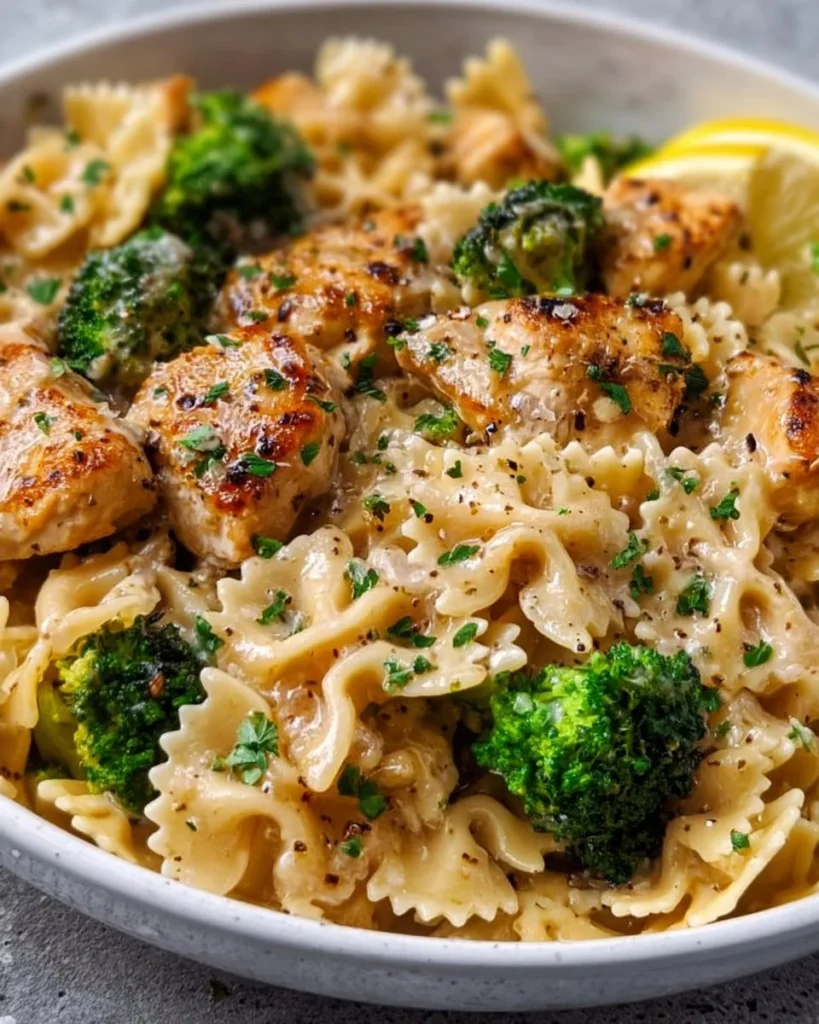 Cowboy Butter Lemon Bowtie Chicken served with broccoli