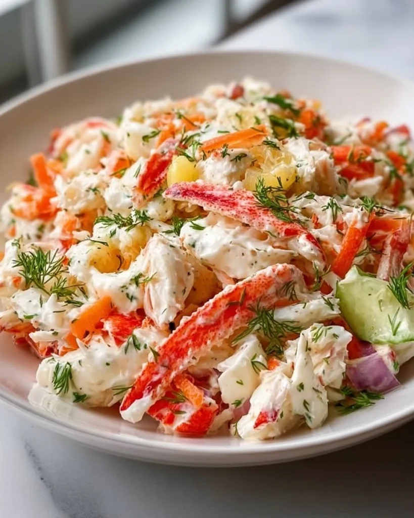 Fresh crab salad served in a bowl with vegetables and dressing