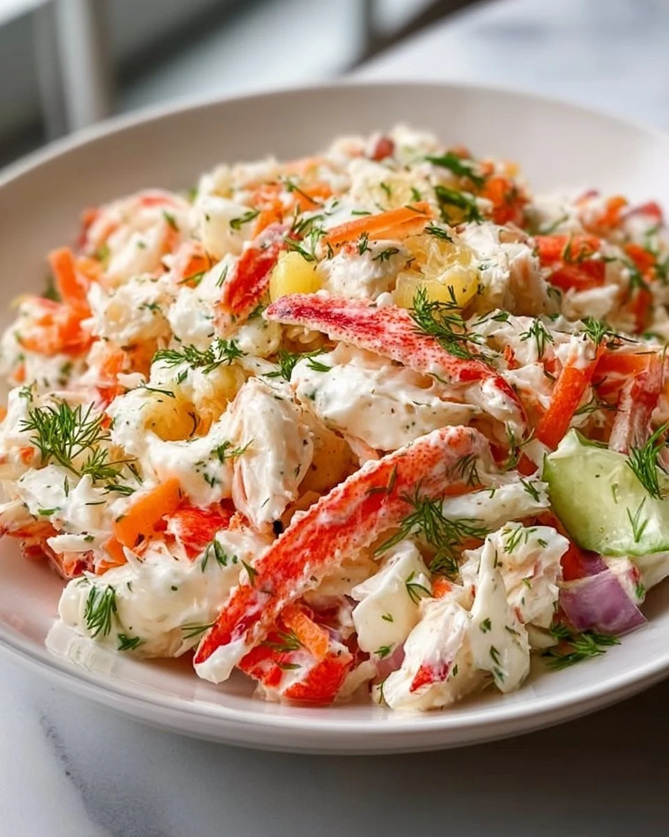 Fresh crab salad served in a bowl with vegetables and dressing