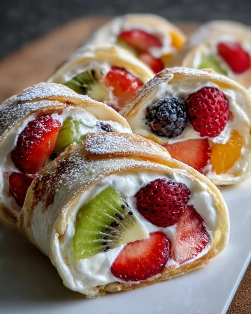 Creamy fruit salad rollups filled with colorful fruits and creamy dressing