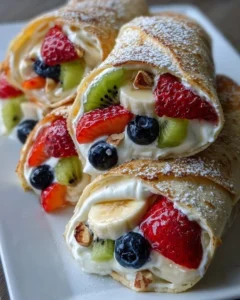 Delicious creamy fruit salad rollups served as a fresh and healthy dessert.