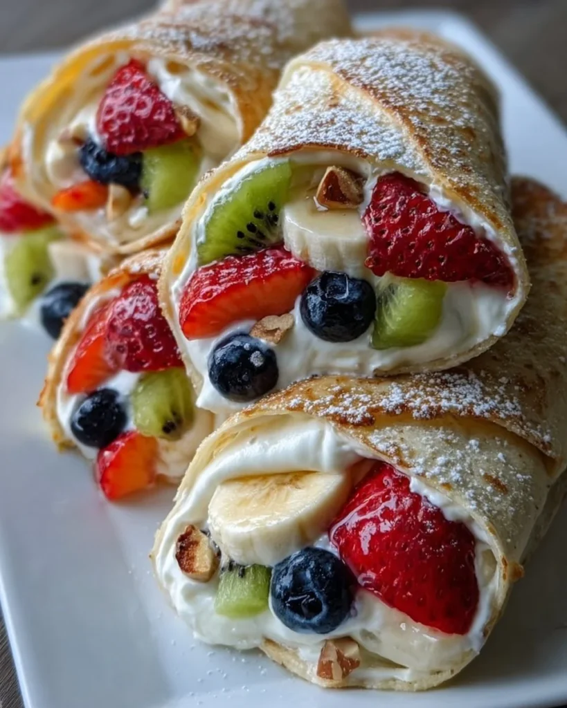 Delicious creamy fruit salad rollups served as a fresh and healthy dessert.