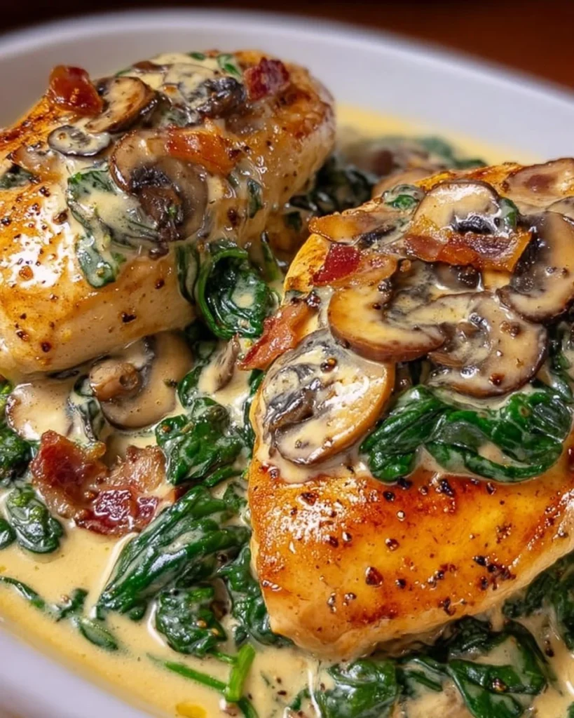 Creamy garlic mushroom chicken with spinach served on a plate