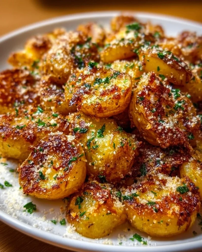 Plate of crispy garlic butter parmesan smashed potatoes garnished with herbs
