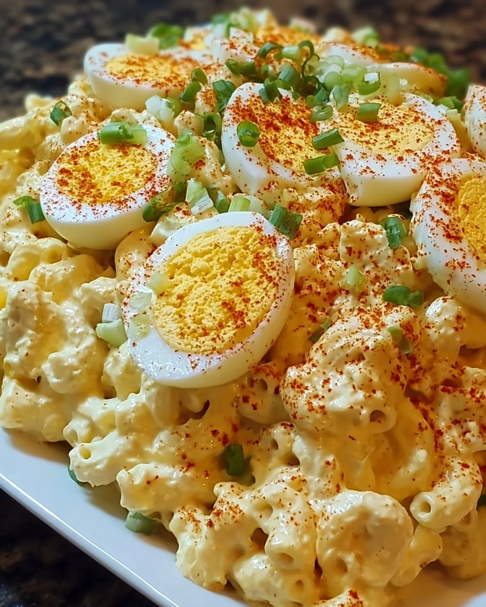 A bowl of deviled egg macaroni salad garnished with herbs