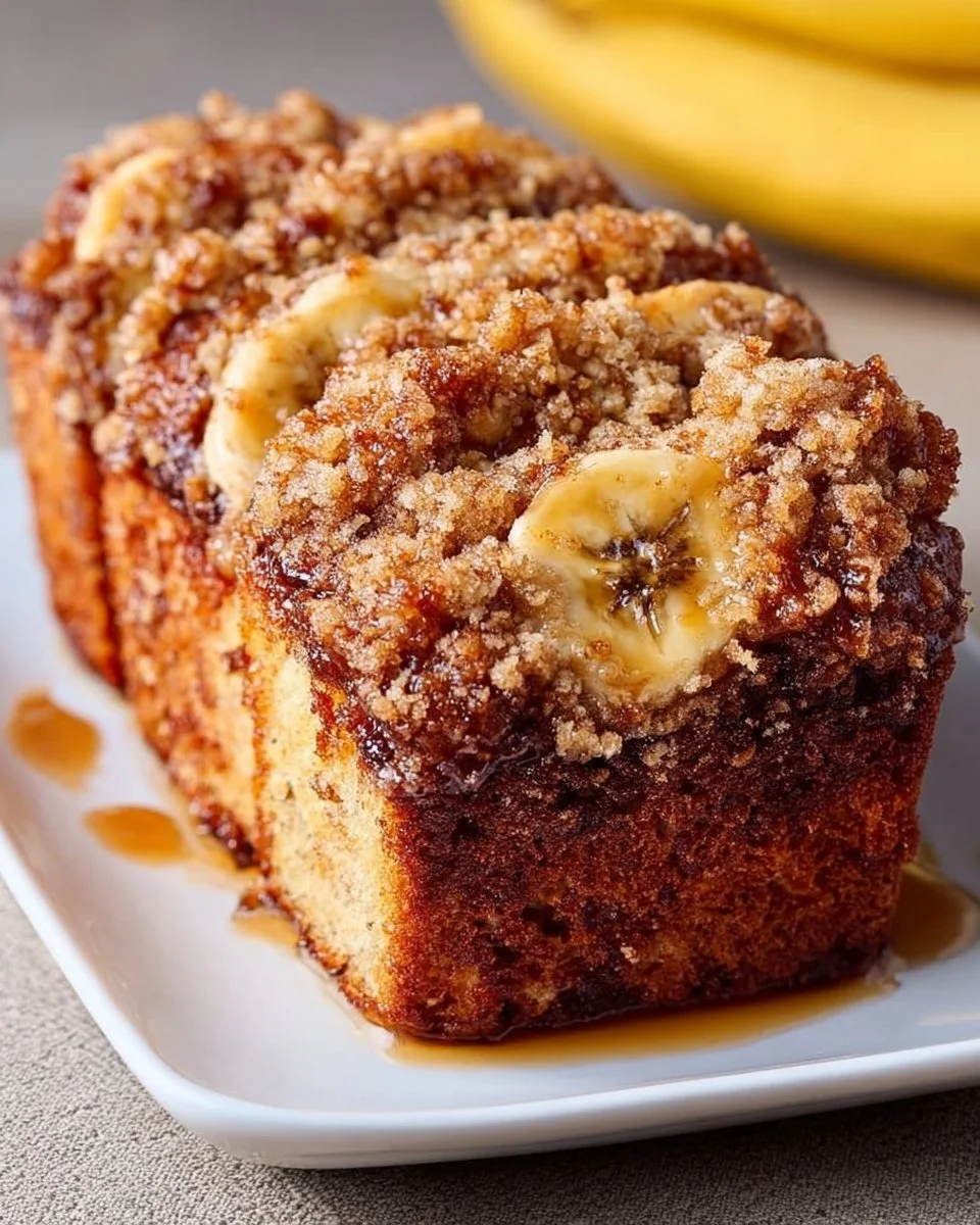 Slice of easy one-bowl banana bread with crunchy streusel topping