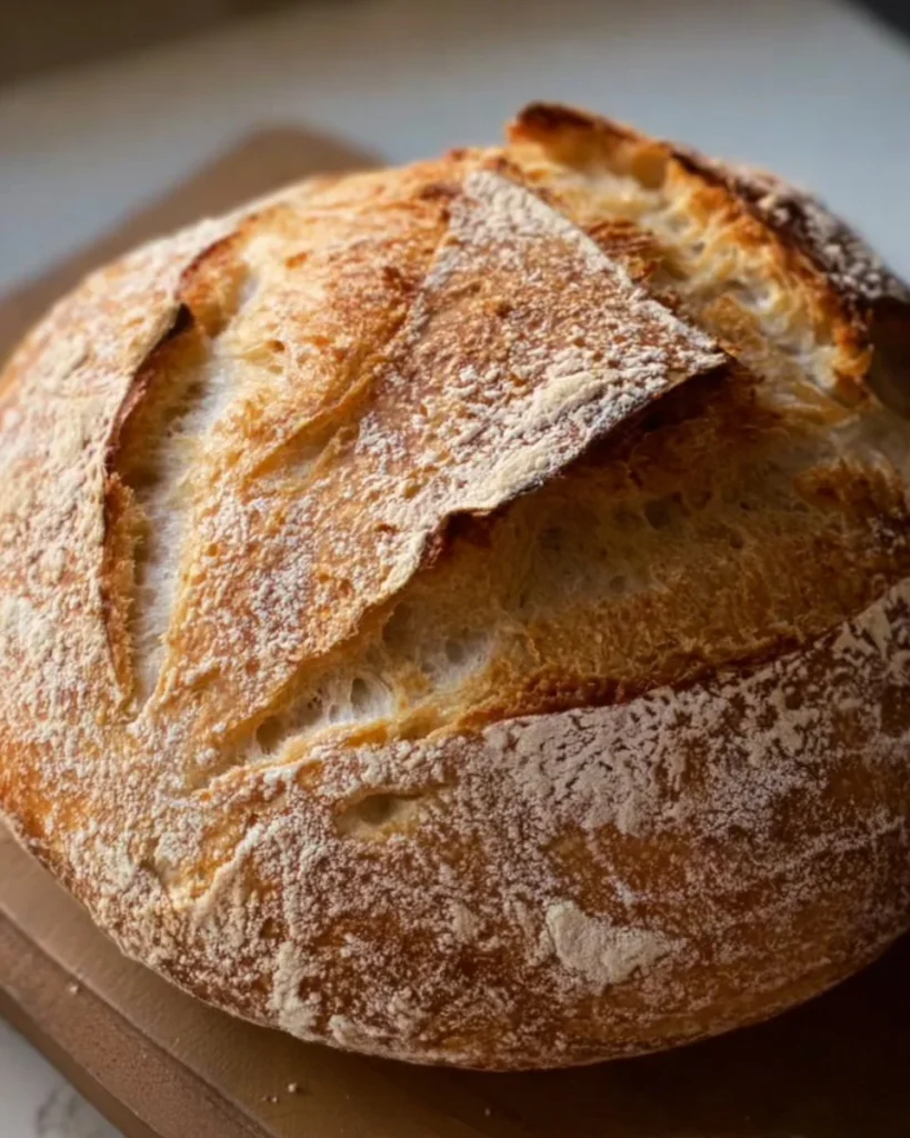 Freshly baked effortless sourdough boule on a wooden table.