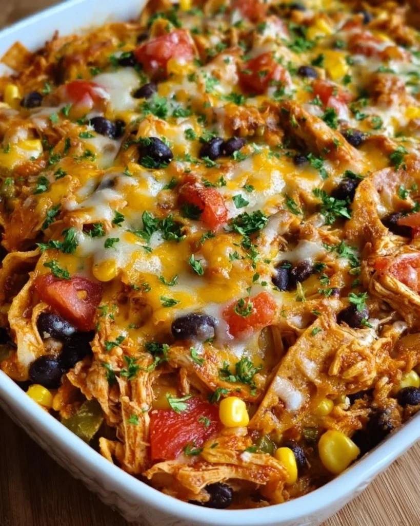 Fiesta Chicken Casserole Bake topped with cheese and peppers in a baking dish
