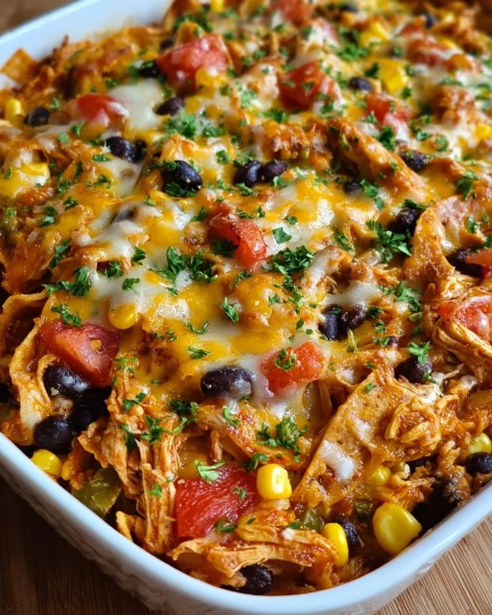 Fiesta Chicken Casserole Bake topped with cheese and peppers in a baking dish