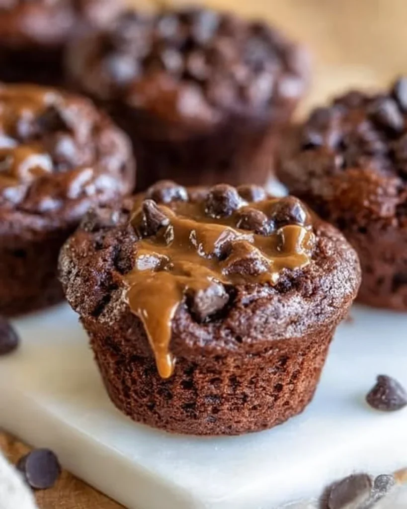 Flourless chocolate peanut butter muffins on a rustic wooden table