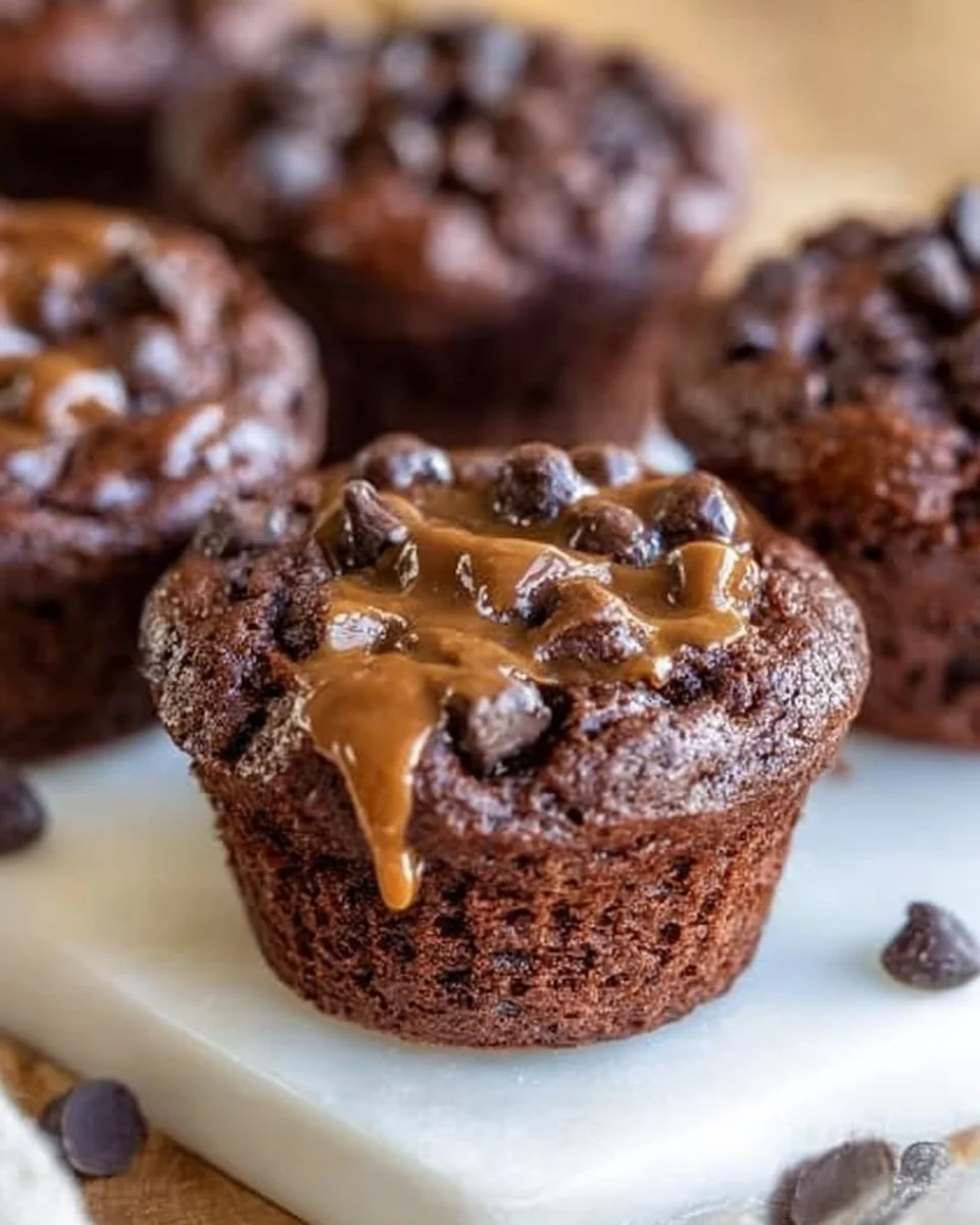Flourless chocolate peanut butter muffins on a rustic wooden table