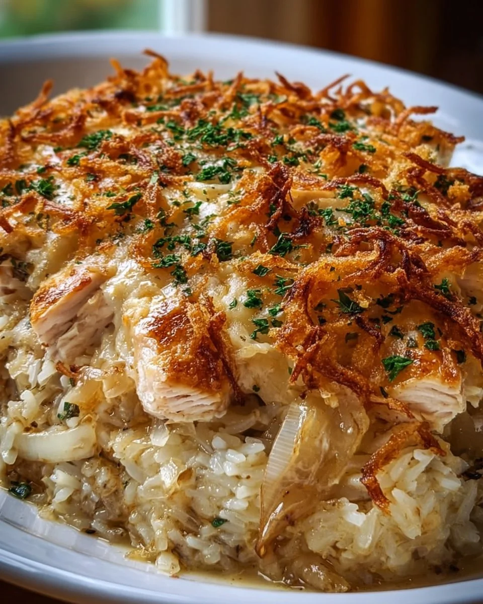 Delicious French onion chicken rice bake topped with melted cheese and caramelized onions