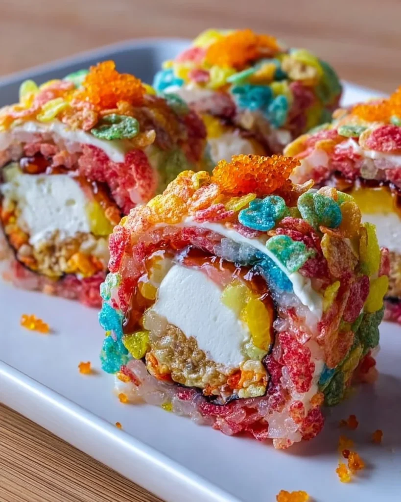 Delicious Fruity Pebbles Sushi rolls decorated with colorful cereal