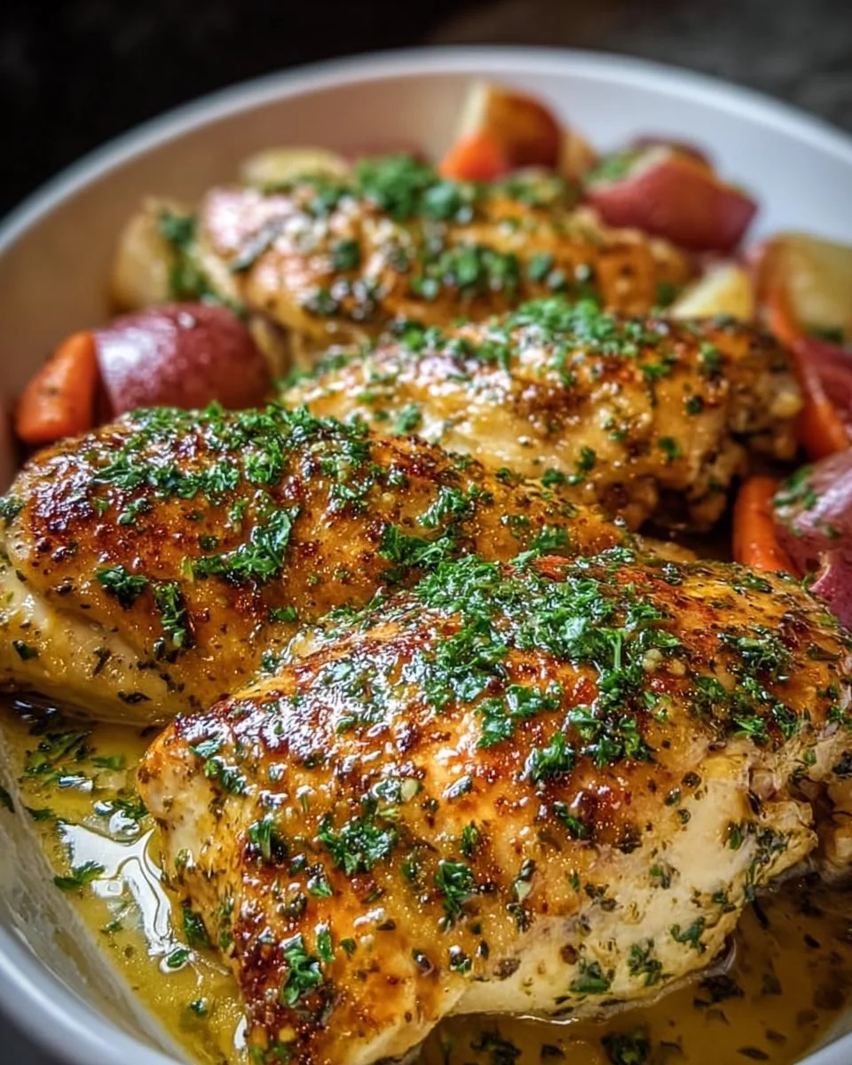 Slow-cooked garlic butter chicken in a crockpot garnished with herbs.