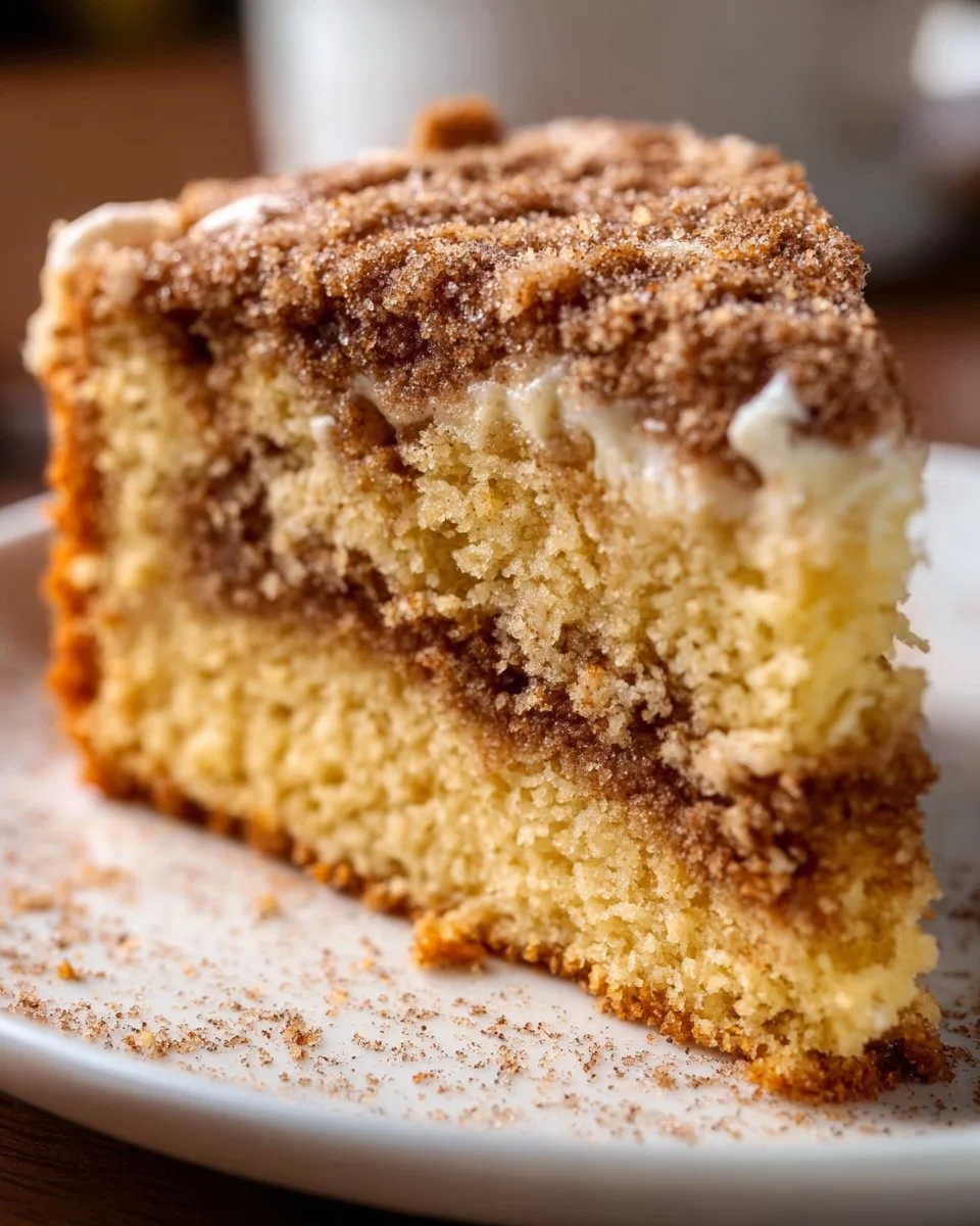 A slice of Grandma's Cinnamon Coffee Cake with a cinnamon sugar topping
