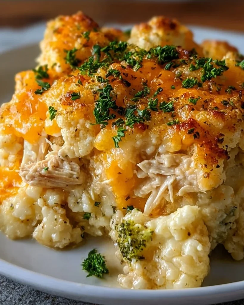 Healthy chicken cauliflower casserole dish with fresh ingredients
