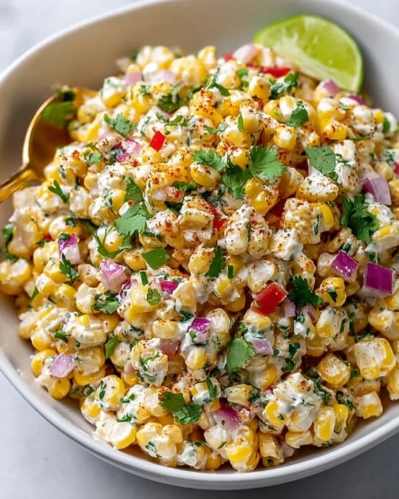 Healthy Street Corn Salad topped with Greek yogurt and fresh ingredients.