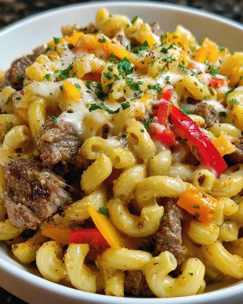 High-protein Philadelphia macaroni and cheese dish served in a bowl