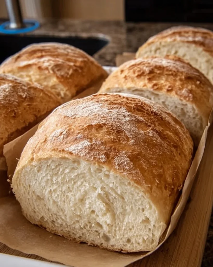 Homemade no-knead sandwich bread freshly baked on a cooling rack.