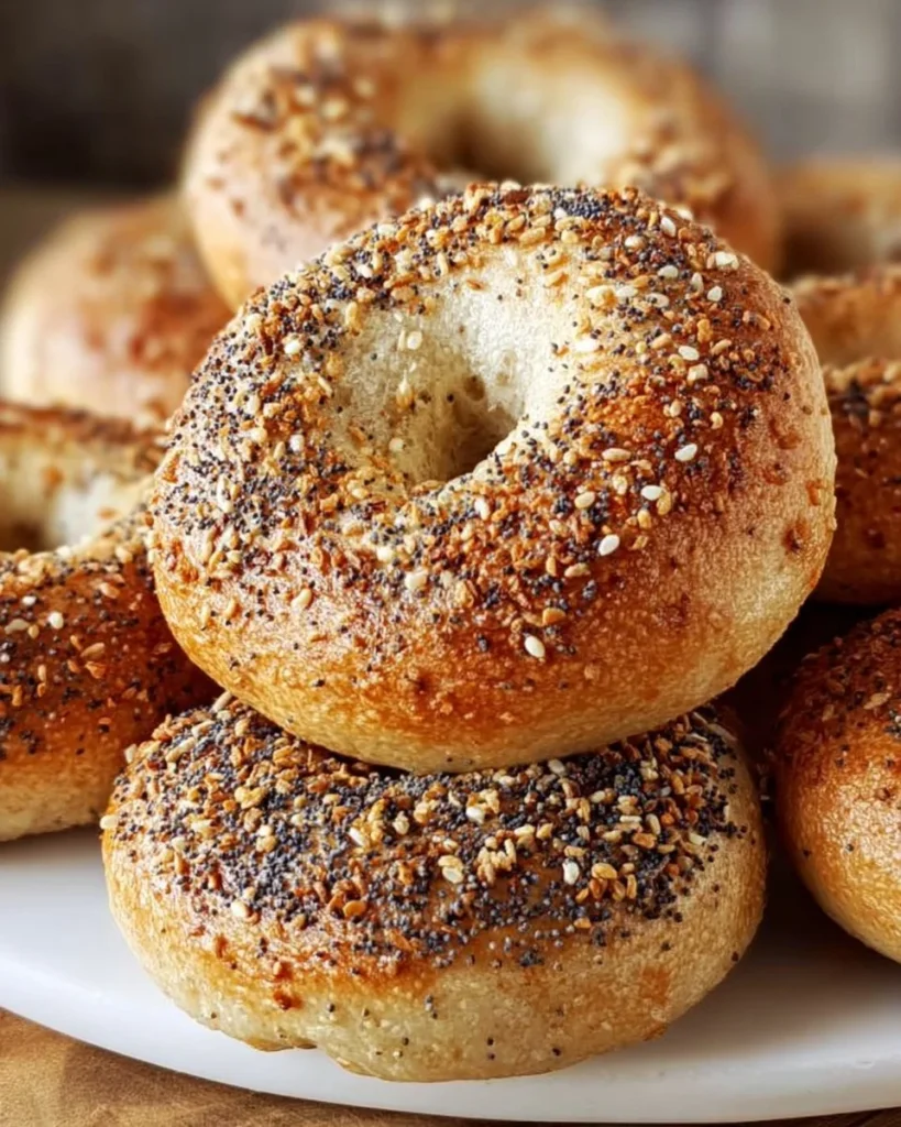 Freshly baked homemade sourdough bagels with a golden crust