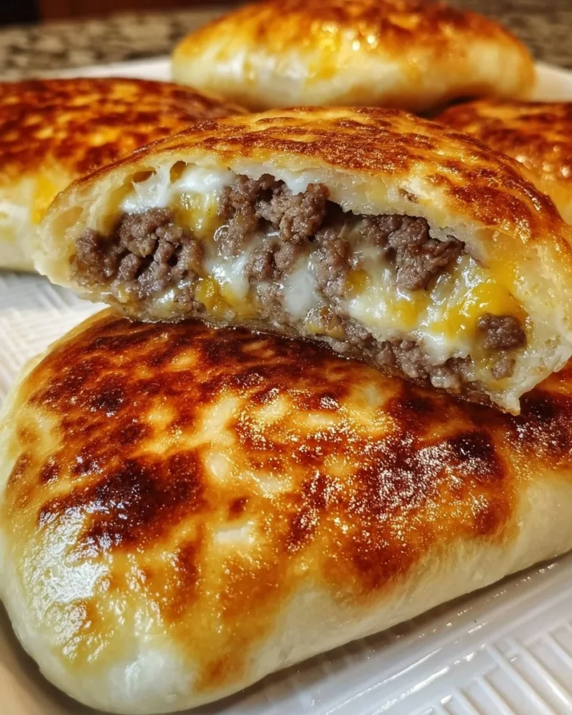 Homemade sourdough runzas filled with meat and vegetables on a baking tray.