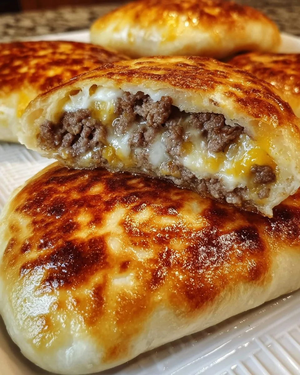 Homemade sourdough runzas filled with meat and vegetables on a baking tray.
