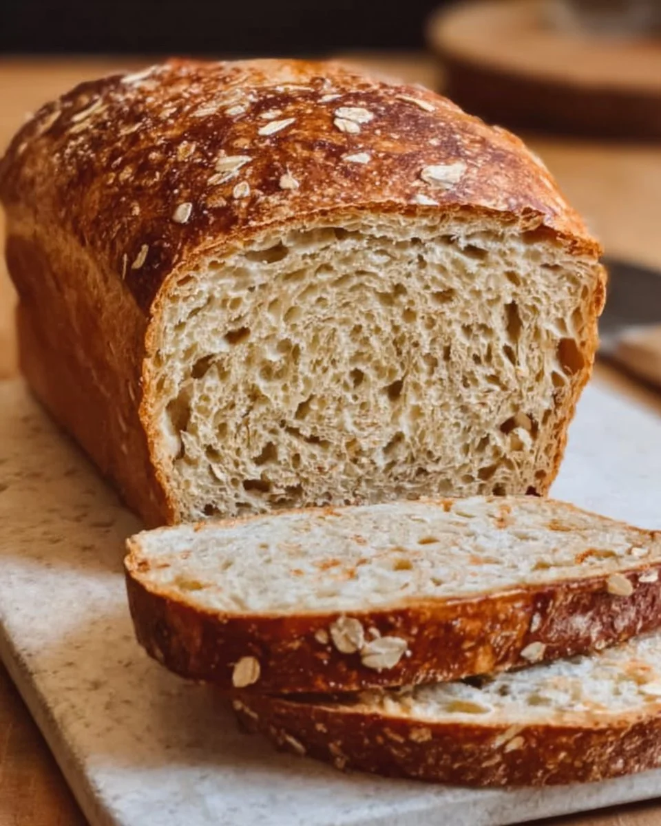 Homemade honey oatmeal sourdough sandwich bread on a wooden cutting board